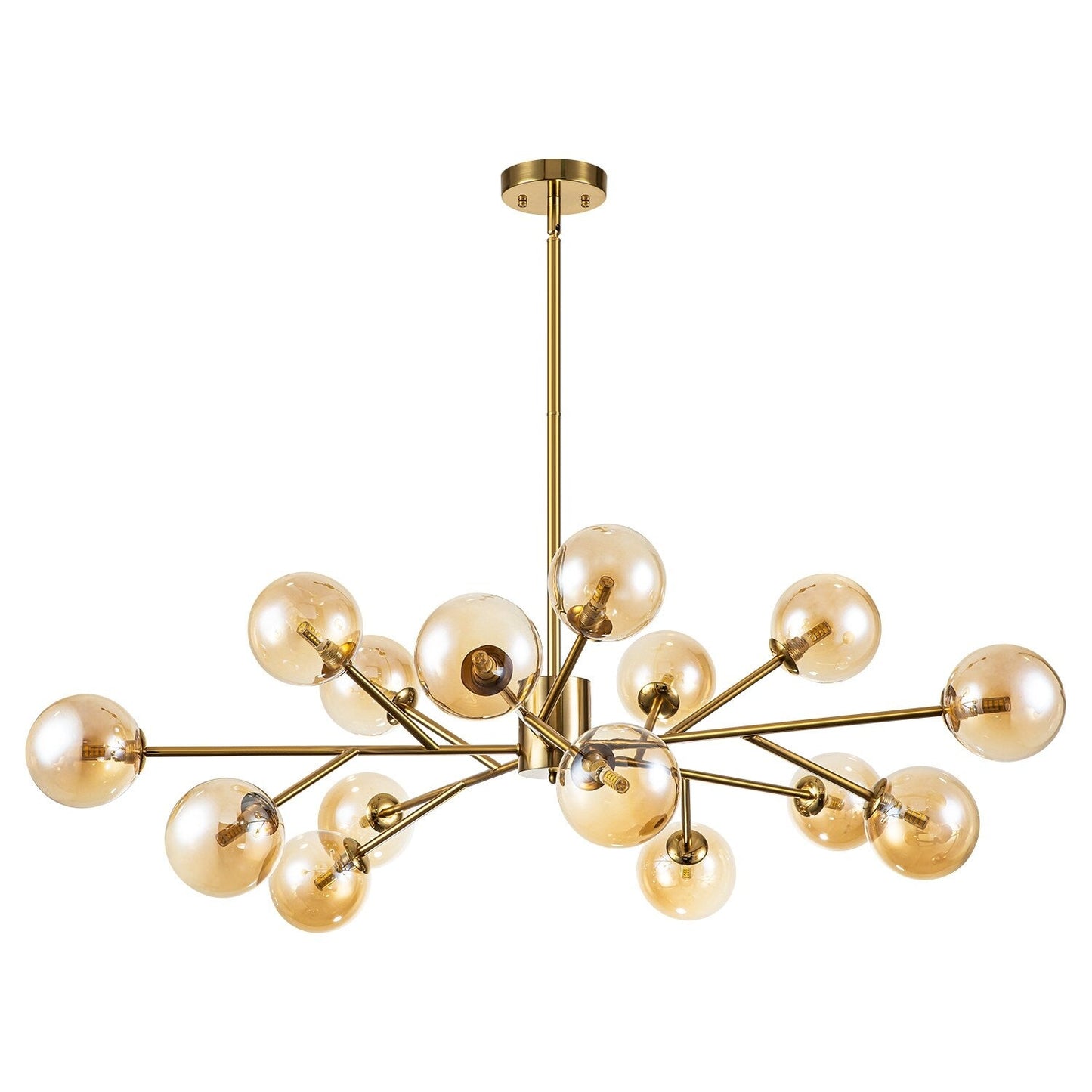 Lustre linéaire moderne à 15 lumières pour îlot de cuisine Sputnik avec branches et globes en verre