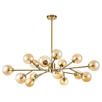 Lustre linéaire moderne à 15 lumières pour îlot de cuisine Sputnik avec branches et globes en verre