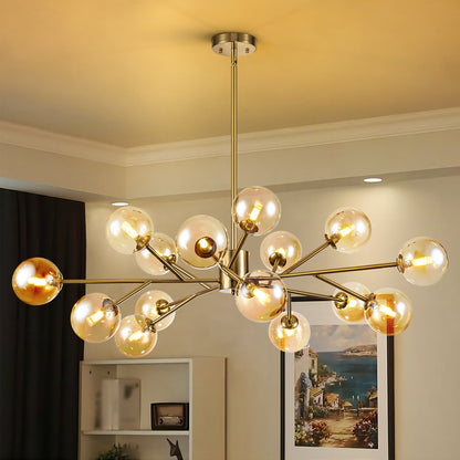 Lustre linéaire moderne à 15 lumières pour îlot de cuisine Sputnik avec branches et globes en verre