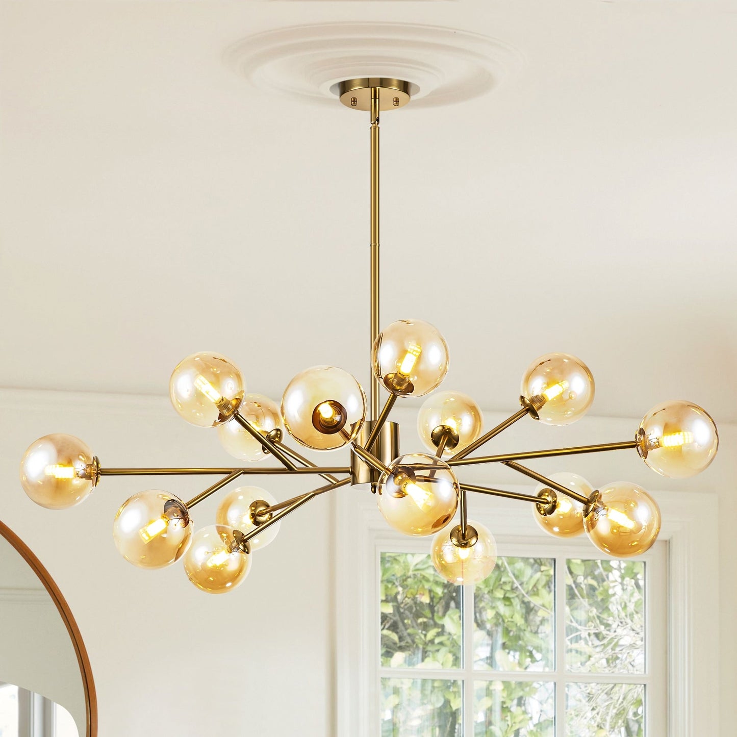 Lustre linéaire moderne à 15 lumières pour îlot de cuisine Sputnik avec branches et globes en verre