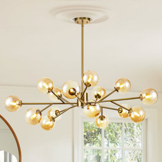 Lustre linéaire moderne à 15 lumières pour îlot de cuisine Sputnik avec branches et globes en verre