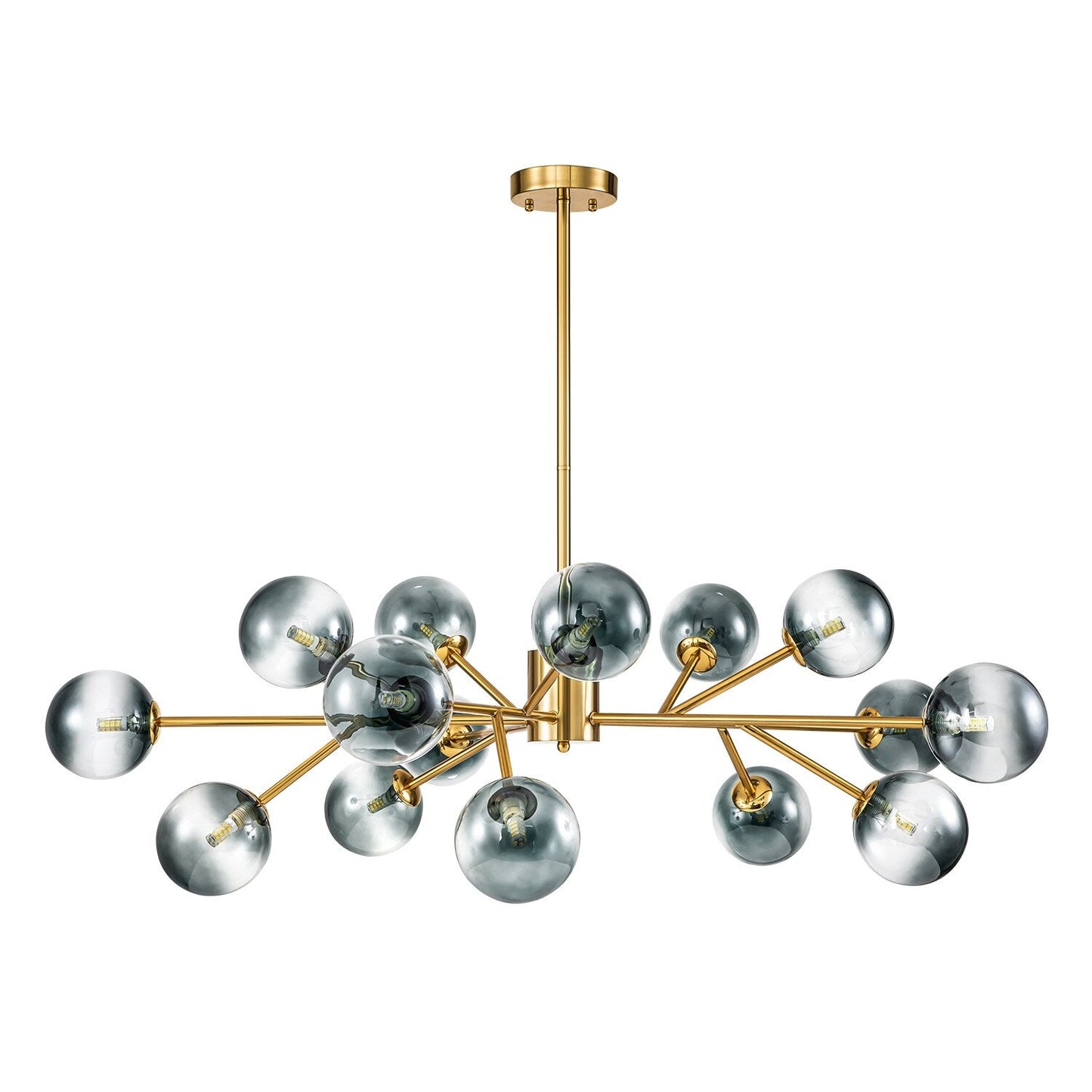 Lustre linéaire moderne à 15 lumières pour îlot de cuisine Sputnik avec branches et globes en verre