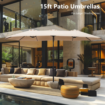 Parasol de marché extérieur rectangulaire à manivelle double face de 15 pieds, parasol de patio éclairé par LED solaire avec base incluse