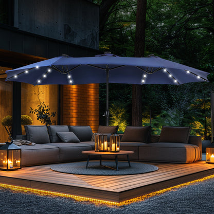 Parasol de marché extérieur rectangulaire à manivelle double face de 15 pieds, parasol de patio éclairé par LED solaire avec base incluse