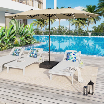 Parasol de marché extérieur rectangulaire à manivelle double face de 15 pieds, parasol de patio éclairé par LED solaire avec base incluse