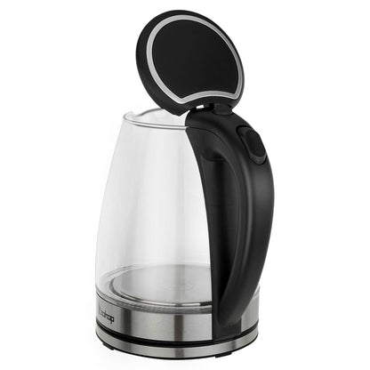 Bouilloire électrique en verre 1500 W 1,8 L avec arrêt automatique et couvercle et fond en acier inoxydable