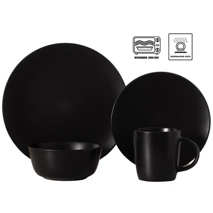 Service de table 16 pièces pour 4 personnes | Tasses, assiettes à salade, bols et saladiers, résistant aux éclats et aux fissures, noir mat