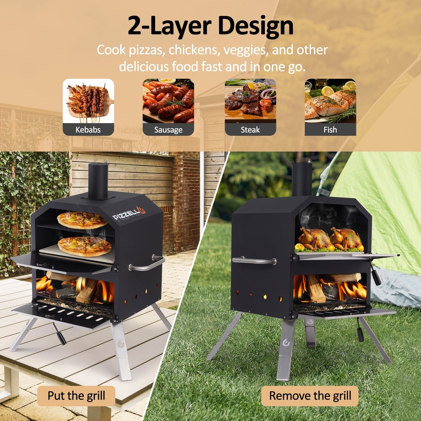 Four à pizza d'extérieur à 2 couches, four à pizza au feu de bois, gril à pizza d'extérieur pour camping - 16 pouces