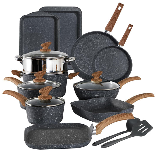 Batterie de cuisine en granit de 17 pièces, ensemble de casseroles et poêles antiadhésives