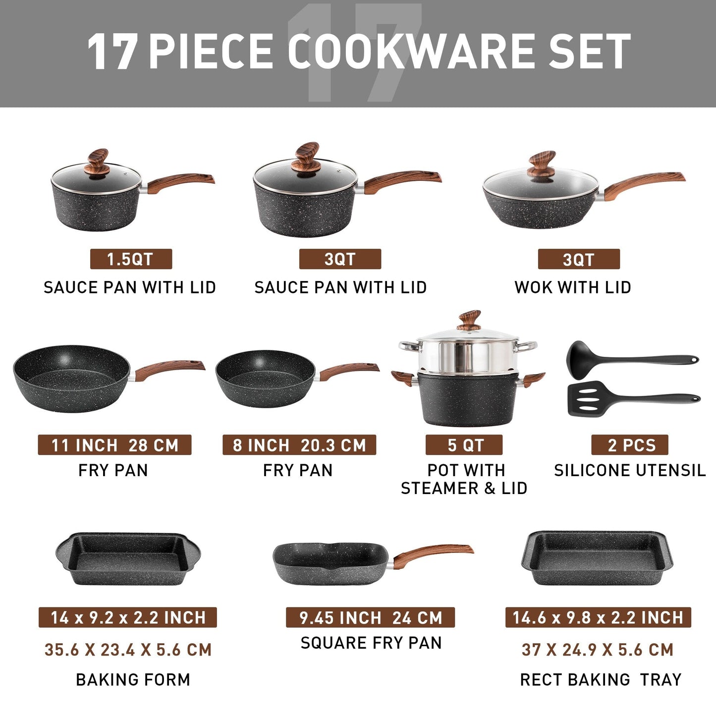 Batterie de cuisine en granit de 17 pièces, ensemble de casseroles et poêles antiadhésives