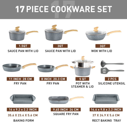 Batterie de cuisine en granit de 17 pièces, ensemble de casseroles et poêles antiadhésives