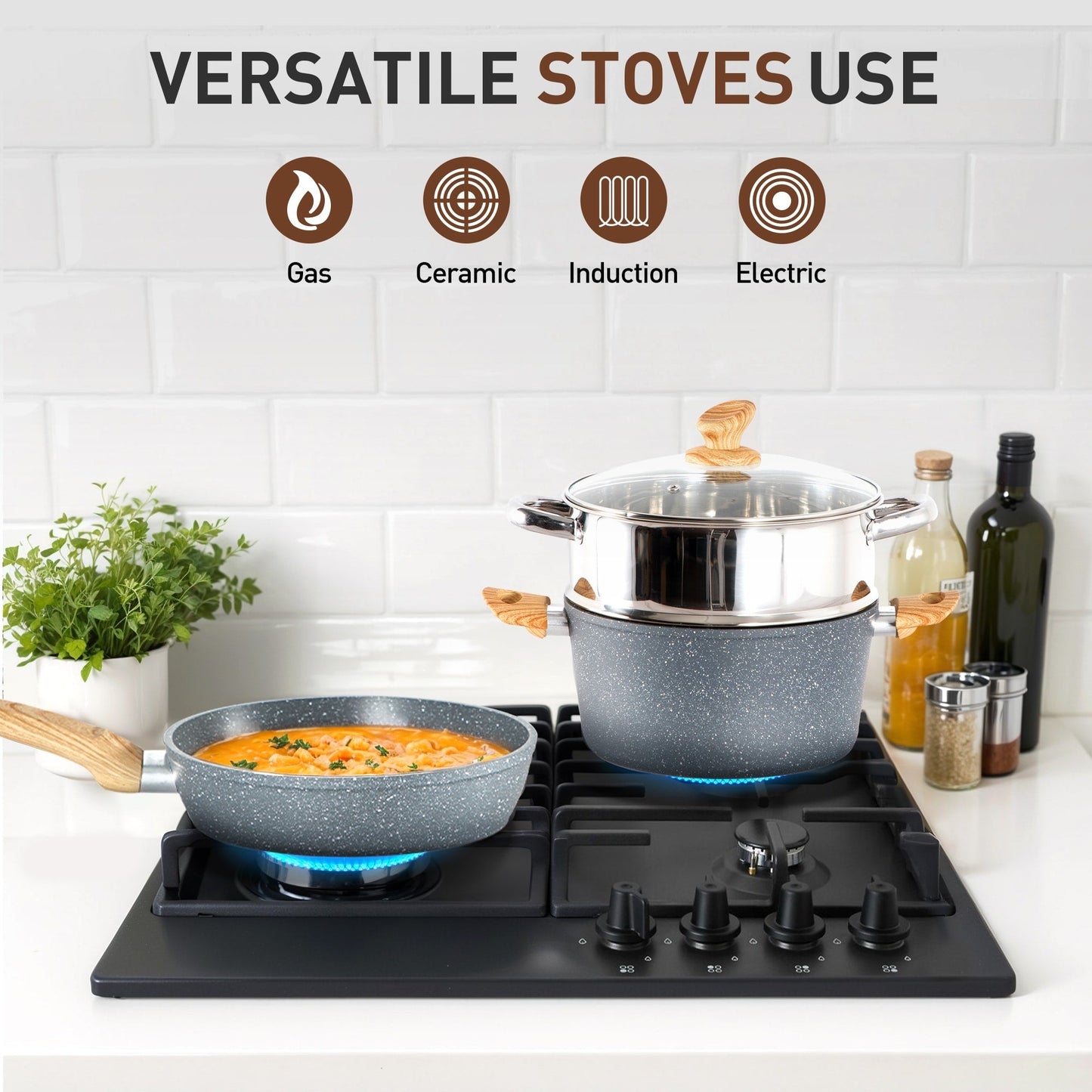 Batterie de cuisine en granit de 17 pièces, ensemble de casseroles et poêles antiadhésives