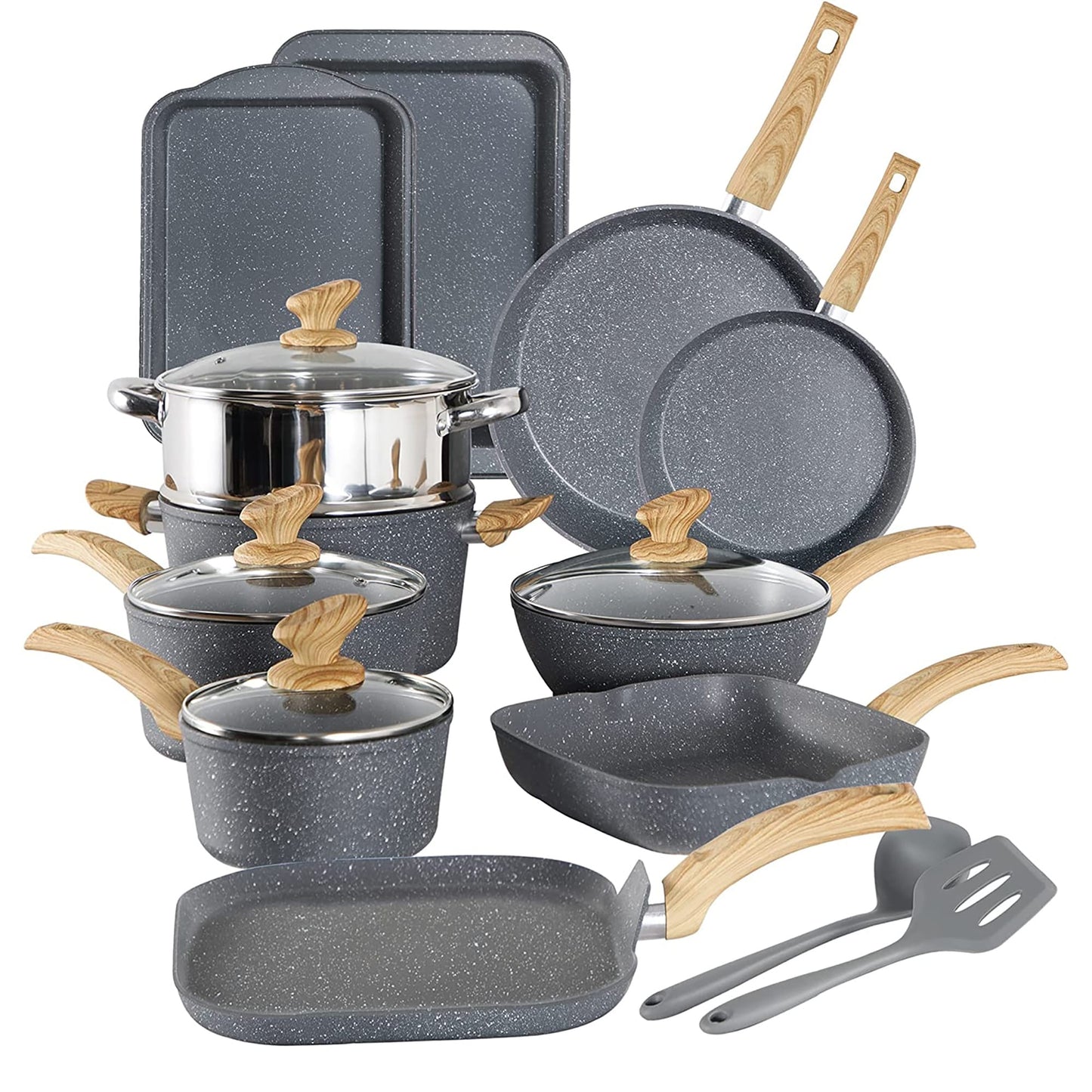 Batterie de cuisine en granit de 17 pièces, ensemble de casseroles et poêles antiadhésives