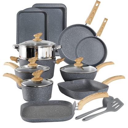 Batterie de cuisine en granit de 17 pièces, ensemble de casseroles et poêles antiadhésives