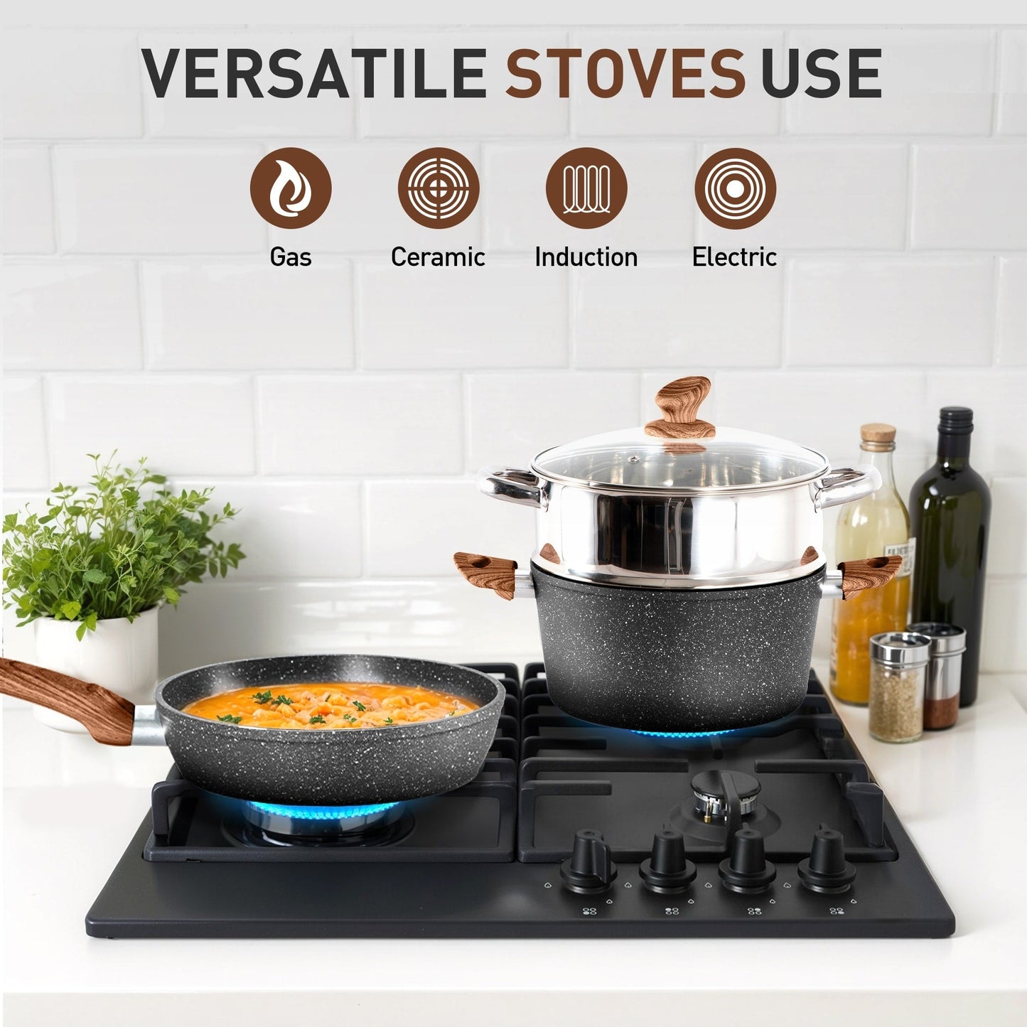 Batterie de cuisine en granit de 17 pièces, ensemble de casseroles et poêles antiadhésives