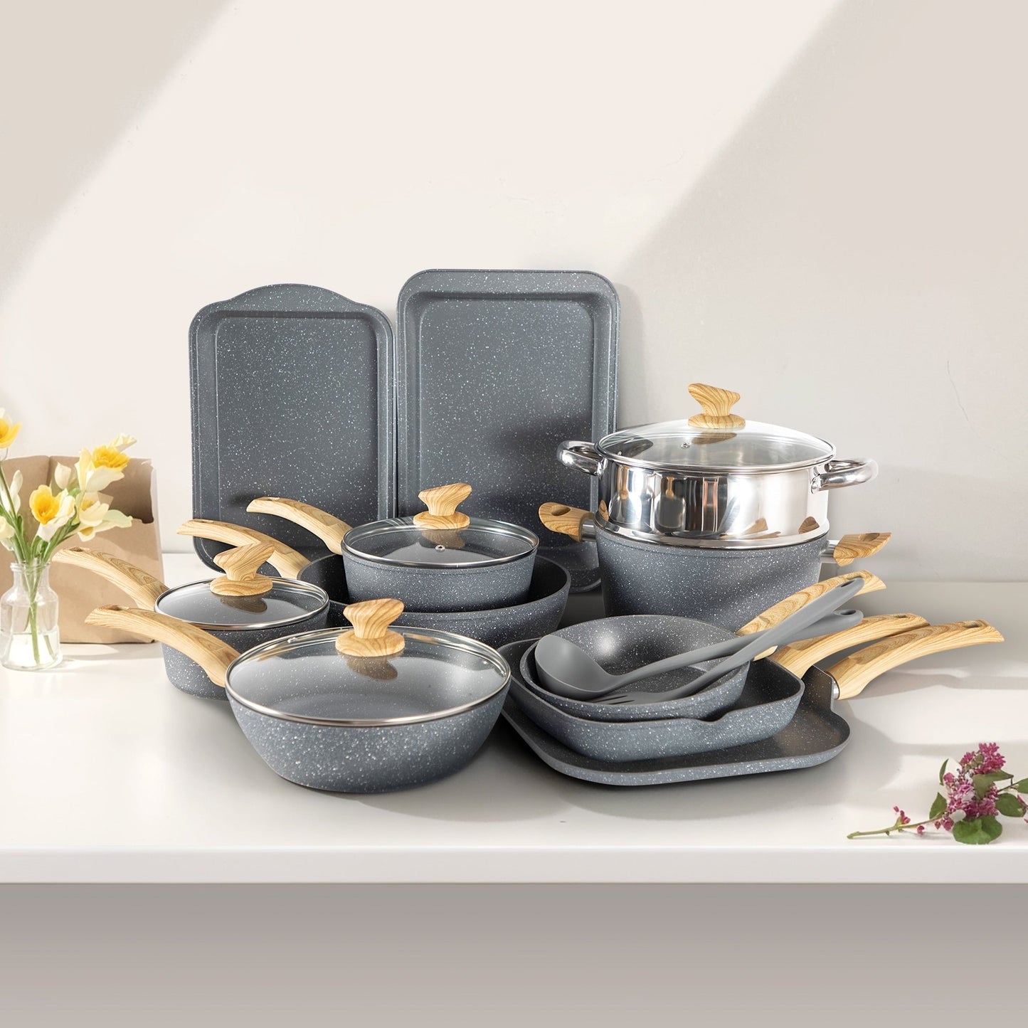 Batterie de cuisine en granit de 17 pièces, ensemble de casseroles et poêles antiadhésives