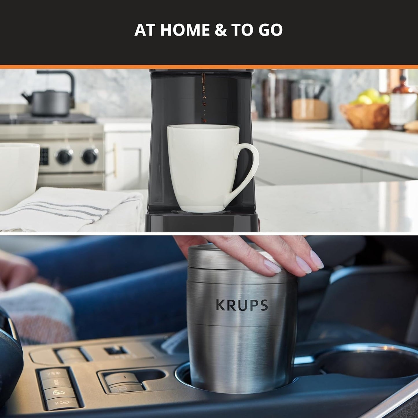 Cafetière à dose unique 2 tasses avec gobelet de voyage, 650 W, design compact en acier inoxydable