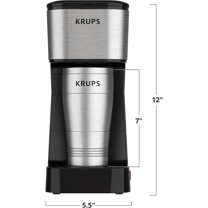 Cafetière à dose unique 2 tasses avec gobelet de voyage, 650 W, design compact en acier inoxydable