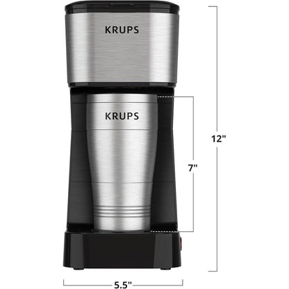 Cafetière à dose unique 2 tasses avec gobelet de voyage, 650 W, design compact en acier inoxydable