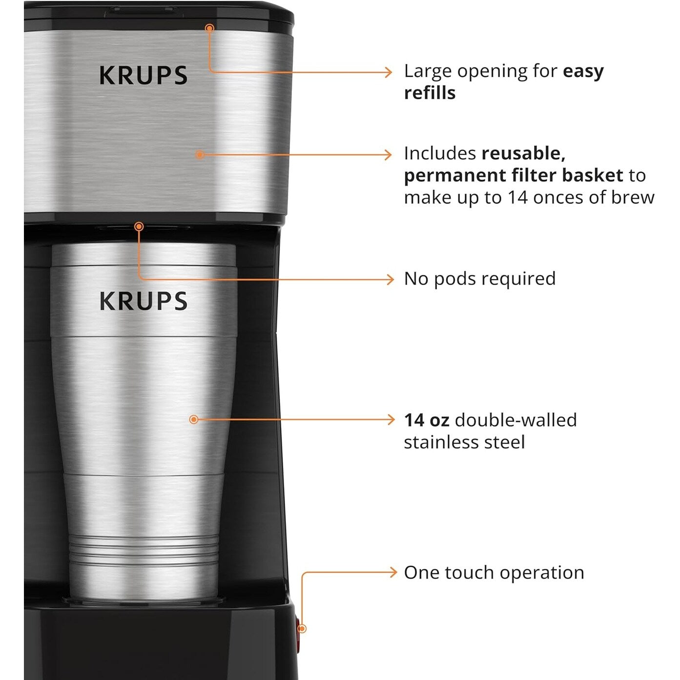 Cafetière à dose unique 2 tasses avec gobelet de voyage, 650 W, design compact en acier inoxydable