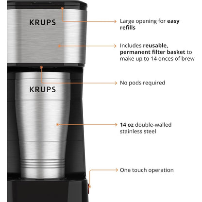 Cafetière à dose unique 2 tasses avec gobelet de voyage, 650 W, design compact en acier inoxydable