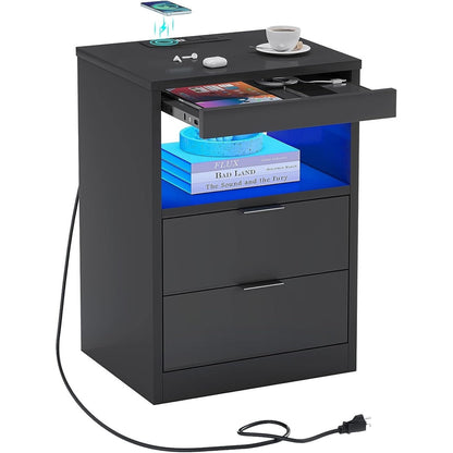 Table de chevet à 2 tiroirs avec LED, station de charge sans fil et étagère coulissante
