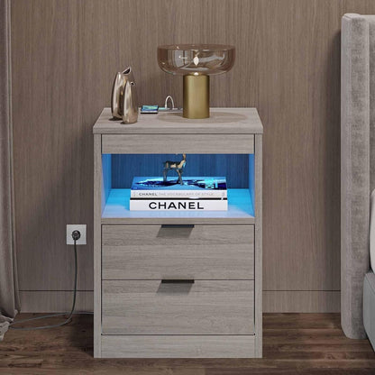 Table de chevet à 2 tiroirs avec LED, station de charge sans fil et étagère coulissante