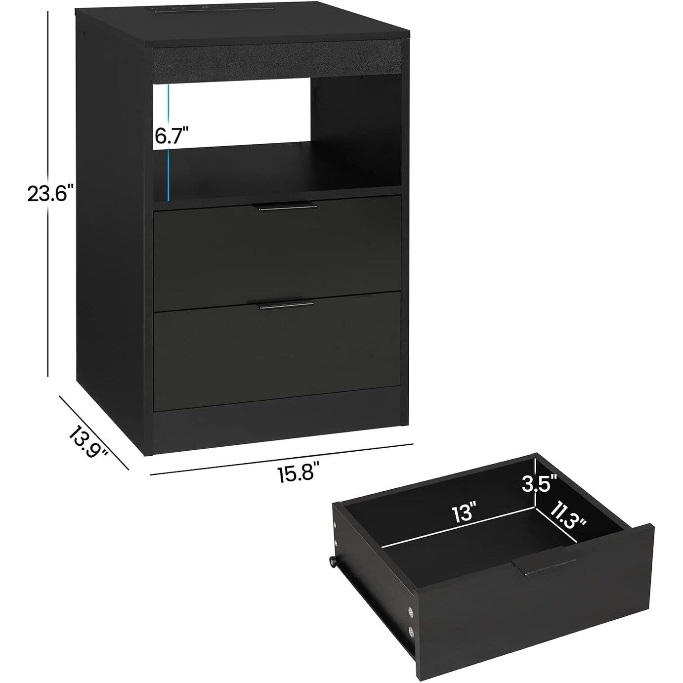 Table de chevet à 2 tiroirs avec LED, station de charge sans fil et étagère coulissante