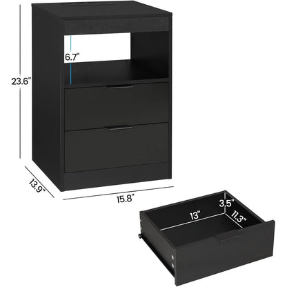 Table de chevet à 2 tiroirs avec LED, station de charge sans fil et étagère coulissante