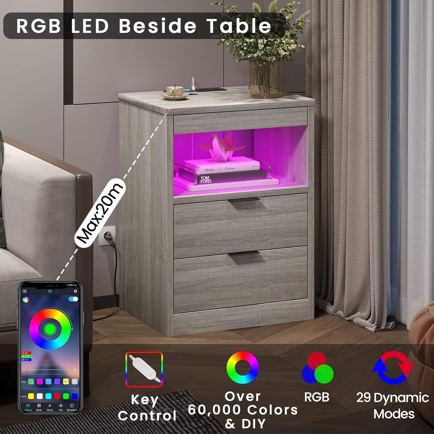 Table de chevet à 2 tiroirs avec LED, station de charge sans fil et étagère coulissante