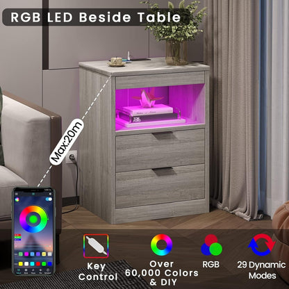Table de chevet à 2 tiroirs avec LED, station de charge sans fil et étagère coulissante