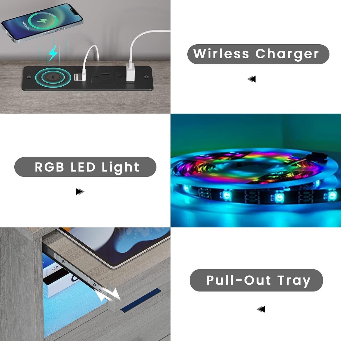 Table de chevet à 2 tiroirs avec LED, station de charge sans fil et étagère coulissante