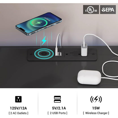 Table de chevet à 2 tiroirs avec LED, station de charge sans fil et étagère coulissante