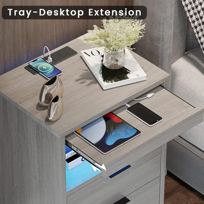 Table de chevet à 2 tiroirs avec LED, station de charge sans fil et étagère coulissante