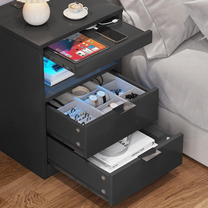 Table de chevet à 2 tiroirs avec LED, station de charge sans fil et étagère coulissante