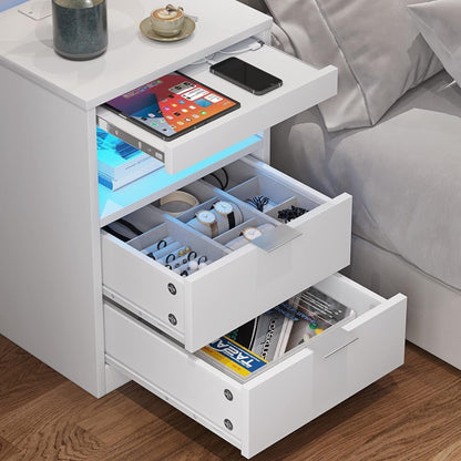 Table de chevet à 2 tiroirs avec LED, station de charge sans fil et étagère coulissante