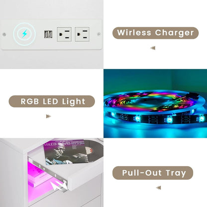 Table de chevet à 2 tiroirs avec LED, station de charge sans fil et étagère coulissante