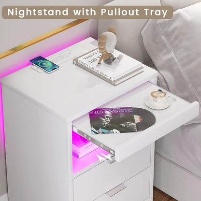 Table de chevet à 2 tiroirs avec LED, station de charge sans fil et étagère coulissante