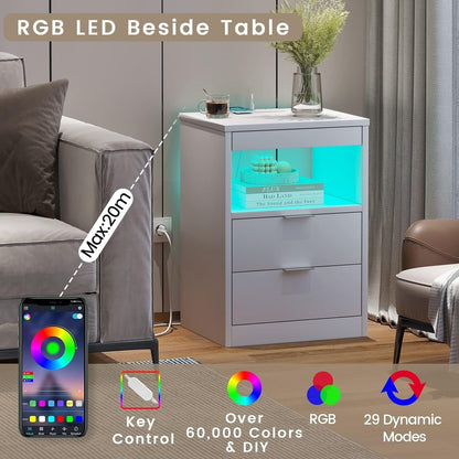 Table de chevet à 2 tiroirs avec LED, station de charge sans fil et étagère coulissante