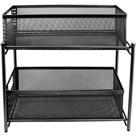 Paniers de rangement à 2 niveaux avec glissières en maille en acier (noir)
