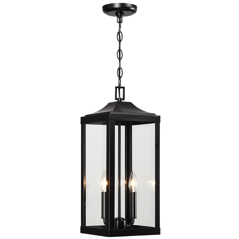 Grand luminaire suspendu d'extérieur transitionnel noir à 2 lumières avec verre transparent - 20 po de hauteur