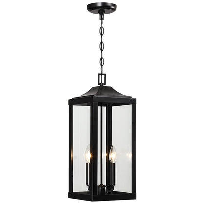Grand luminaire suspendu d'extérieur transitionnel noir à 2 lumières avec verre transparent - 20 po de hauteur