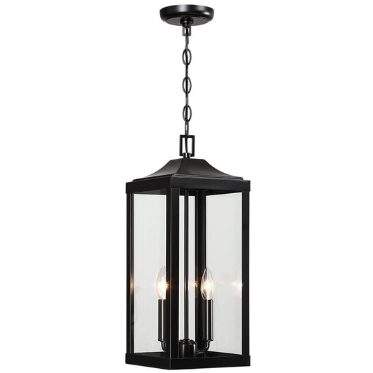 Grand luminaire suspendu d'extérieur transitionnel noir à 2 lumières avec verre transparent - 20 po de hauteur