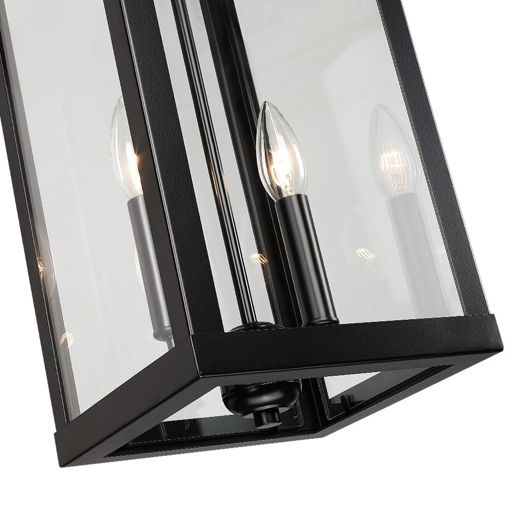 Grand luminaire suspendu d'extérieur transitionnel noir à 2 lumières avec verre transparent - 20 po de hauteur