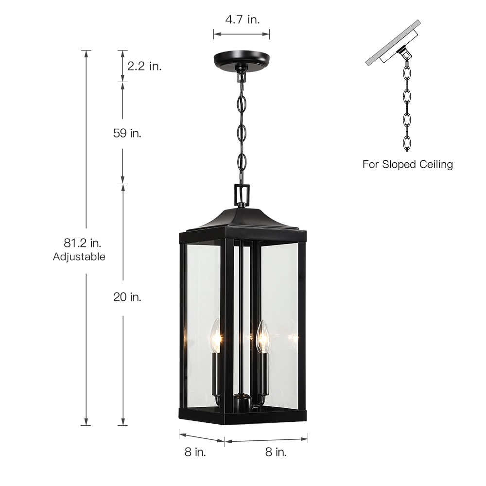 Grand luminaire suspendu d'extérieur transitionnel noir à 2 lumières avec verre transparent - 20 po de hauteur