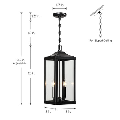 Grand luminaire suspendu d'extérieur transitionnel noir à 2 lumières avec verre transparent - 20 po de hauteur