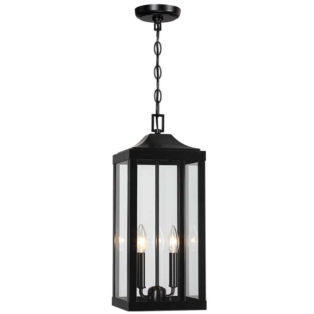 Grand luminaire suspendu d'extérieur transitionnel noir à 2 lumières avec verre transparent - 20 po de hauteur