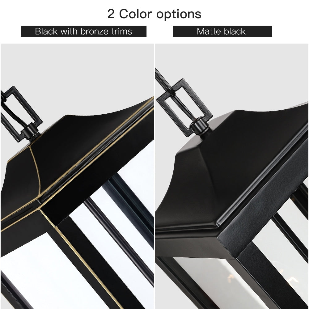 Grand luminaire suspendu d'extérieur transitionnel noir à 2 lumières avec verre transparent - 20 po de hauteur