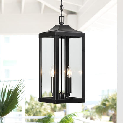 Grand luminaire suspendu d'extérieur transitionnel noir à 2 lumières avec verre transparent - 20 po de hauteur