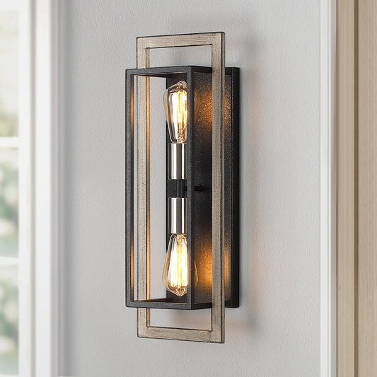 Applique murale rustique à 2 lumières, intensité variable, couleur noir/bois – 51 cm (H) x 17,8 cm (L) x 13,2 cm (P) – 18 cm (L)